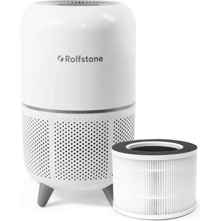 Compacte en stijlvolle Rolfstone luchtreiniger met krachtig HEPA-filter, ideaal voor kleine ruimtes