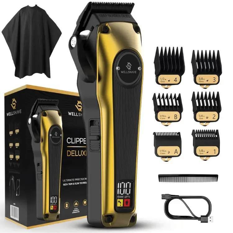 Complete set van de Wellshave all-in-one tondeuse Deluxe inclusief accessoires zoals opzetstukken, kam, cape en USB-oplaadkabel.