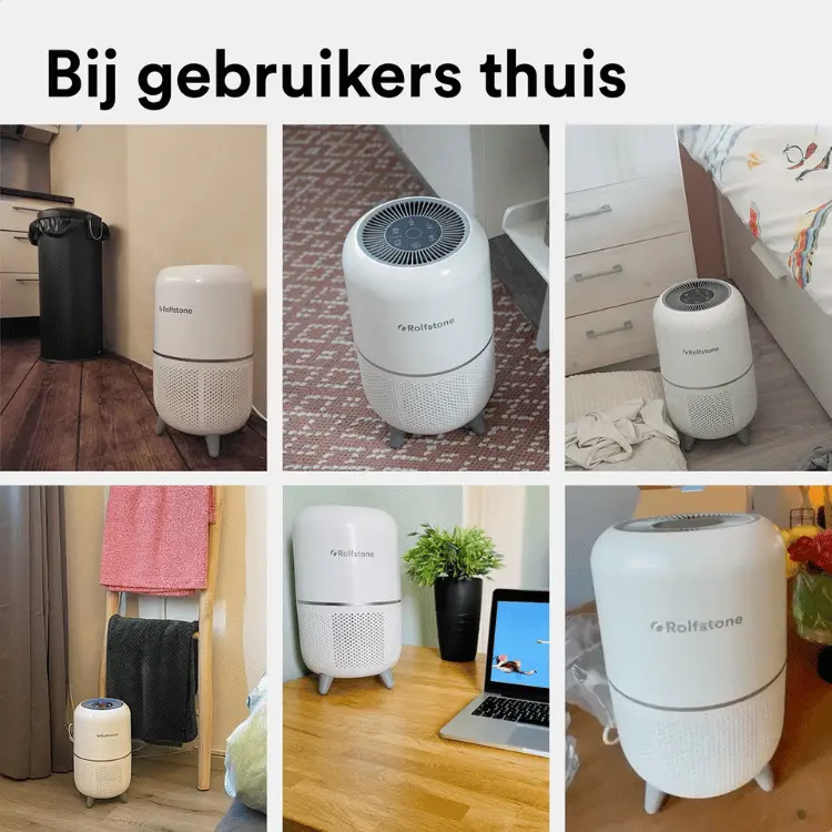 De Rolfstone luchtreiniger in gebruik bij verschillende huishoudens, geschikt voor slaapkamers, woonkamers en werkplekken