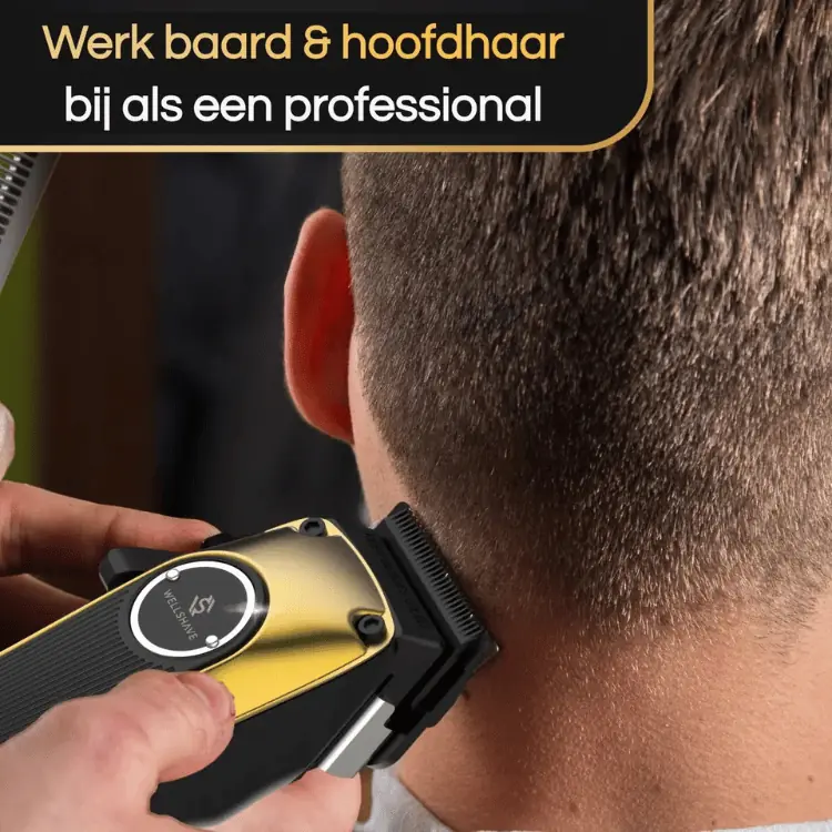 Man gebruikt de Wellshave all-in-one tondeuse om hoofdhaar en baard professioneel bij te werken.