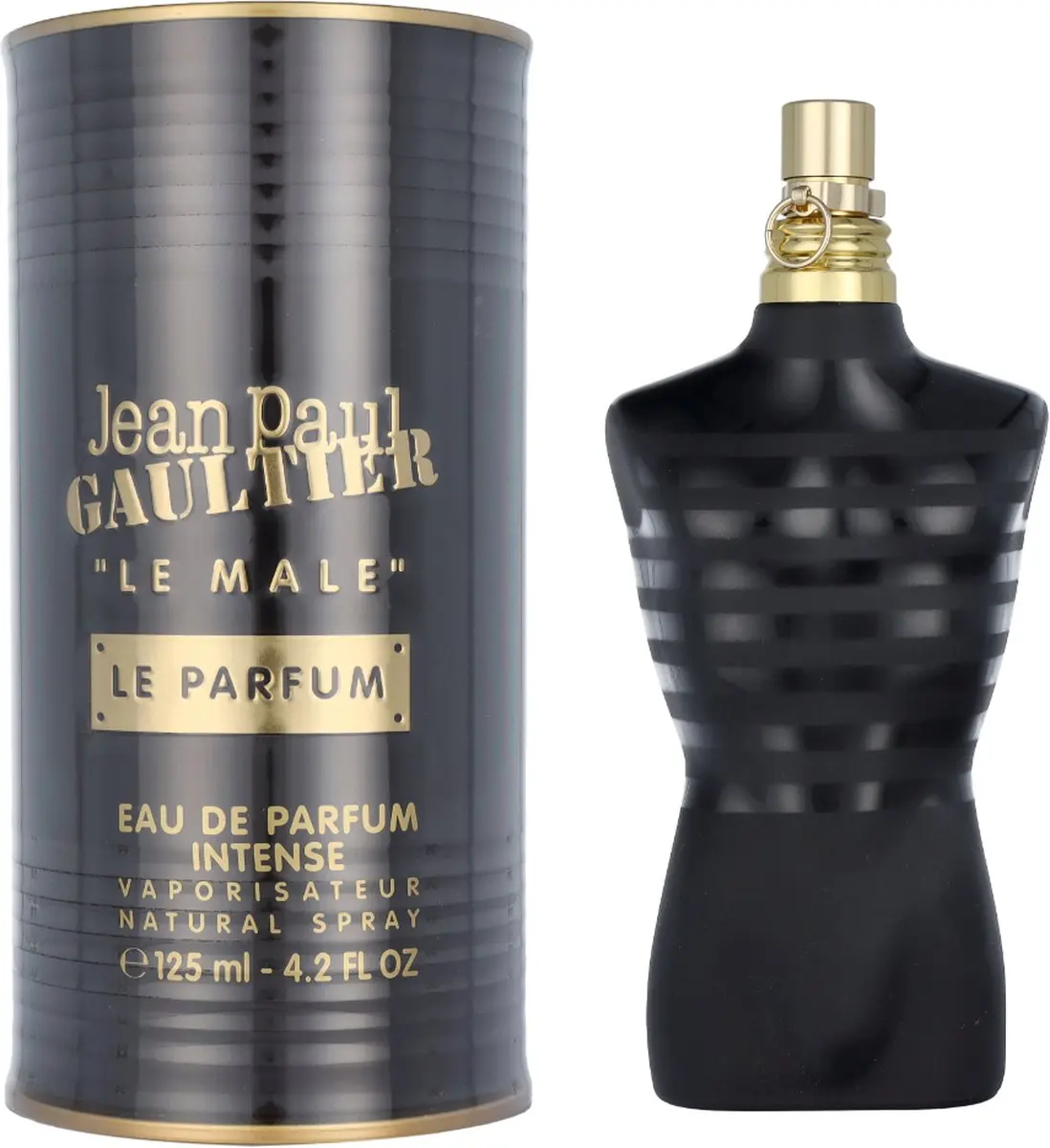 Jean Paul Gaultier Le Male Eau de Parfum - stijlvolle herenparfumflacon met zwarte en gouden accenten.