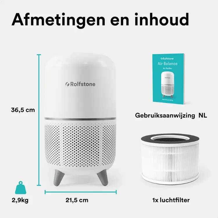 Compacte afmetingen van de Rolfstone luchtreiniger inclusief HEPA-filter en Nederlandstalige handleiding.