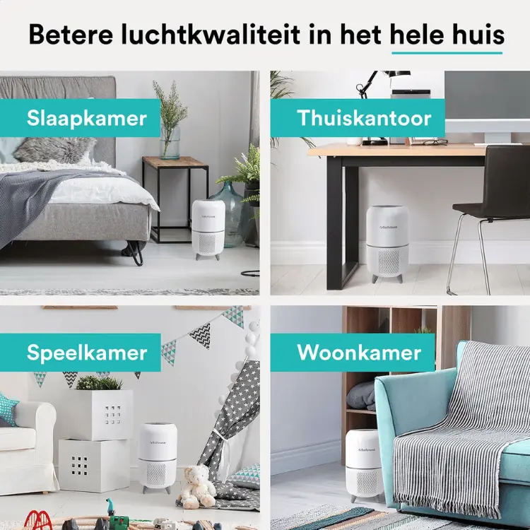 De veelzijdige Rolfstone luchtreiniger verbetert de luchtkwaliteit in slaapkamers, thuiskantoren, speelkamers en woonkamers.