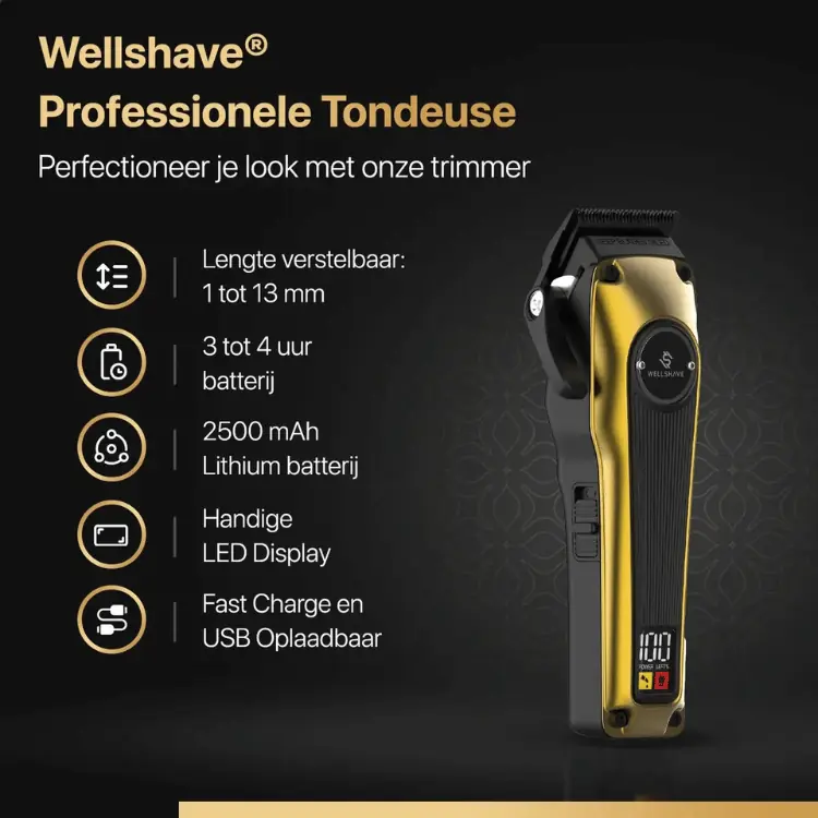Overzicht van belangrijkste kenmerken van de Wellshave all-in-one tondeuse zoals instelbare lengtes, batterijduur en LED-display.