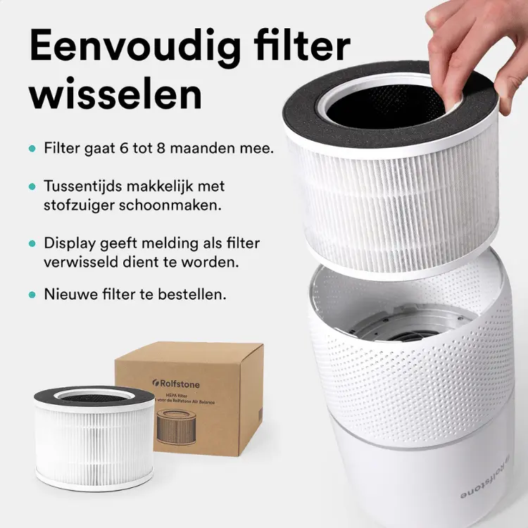 Eenvoudig het HEPA-filter van de Rolfstone luchtreiniger vervangen voor optimale luchtkwaliteit.