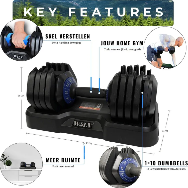 Complete set van twee verstelbare dumbbells van WOLV met gewicht van 50 kg