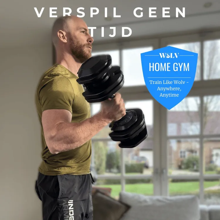 Man traint thuis comfortabel met verstelbare dumbbells van WOLV