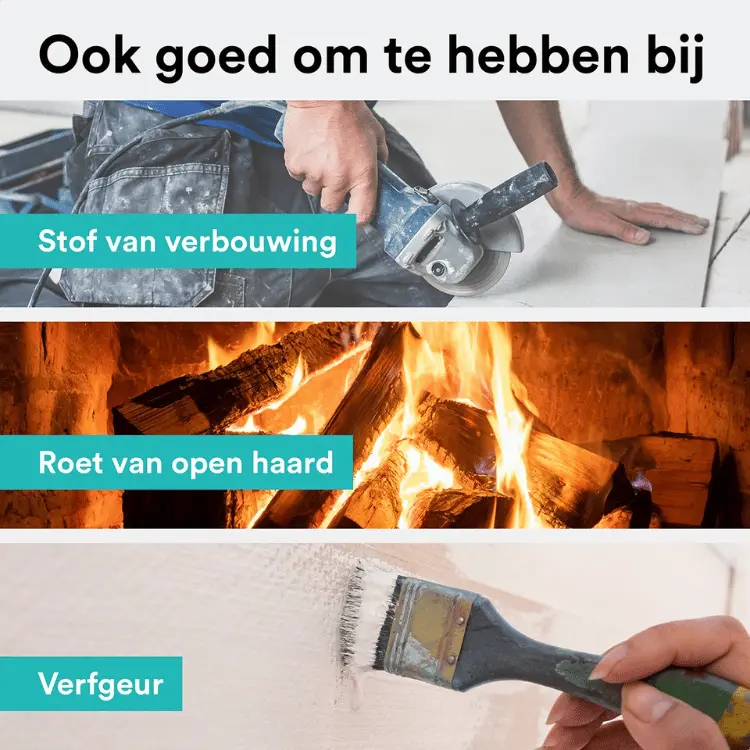 Rolfstone luchtreiniger filtert effectief stof van verbouwingen, roet van open haarden en hinderlijke verfgeuren uit je huis.