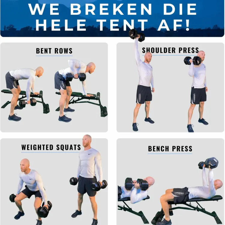 Verschillende oefeningen mogelijk met verstelbare dumbbells: rows, squats en presses