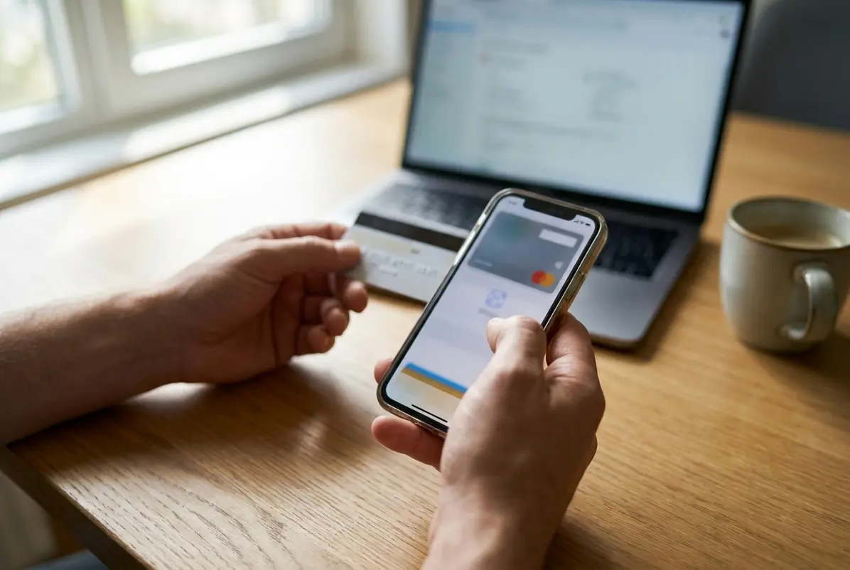 Close-up van handen die een betaalkaart bij een smartphone houden om contactloos betalen in te stellen