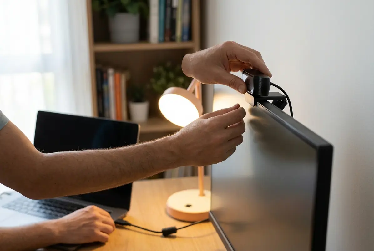 Handen klikken een losse webcam bovenop een monitor en stellen de hoek op ooghoogte af