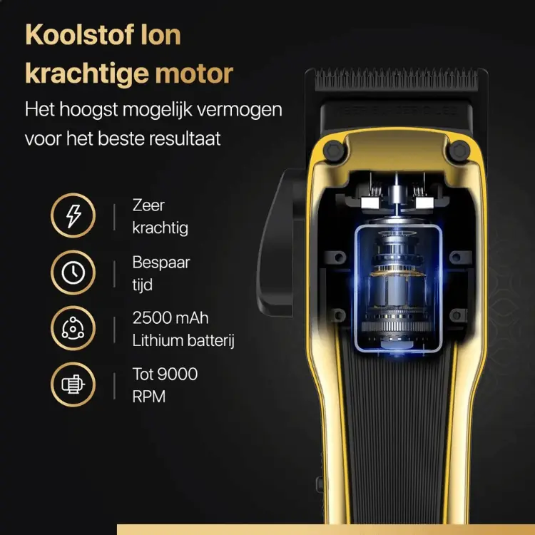 Details van de koolstof-ion motor van de Wellshave all-in-one tondeuse met hoge prestaties, 9000 RPM en krachtige lithium batterij.