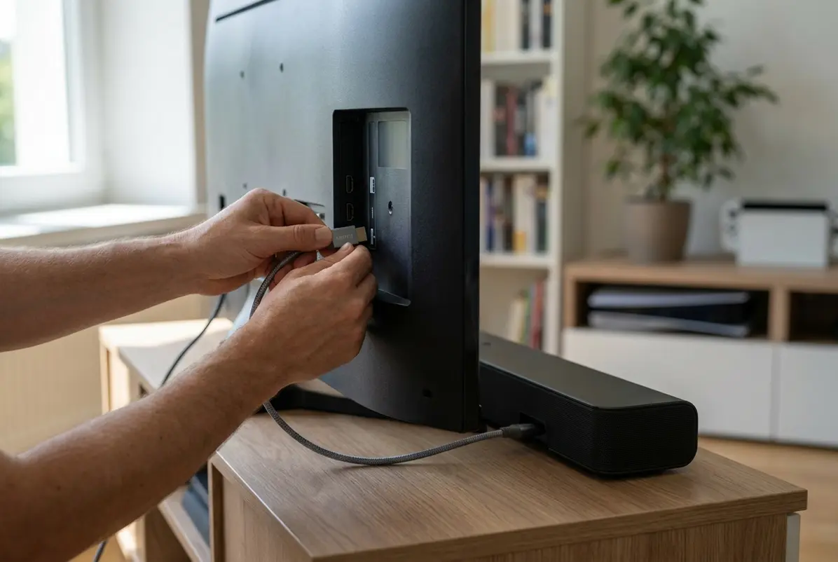 Handen die een HDMI-kabel in de tv steken, met een soundbar ervoor in een woonkameropstelling